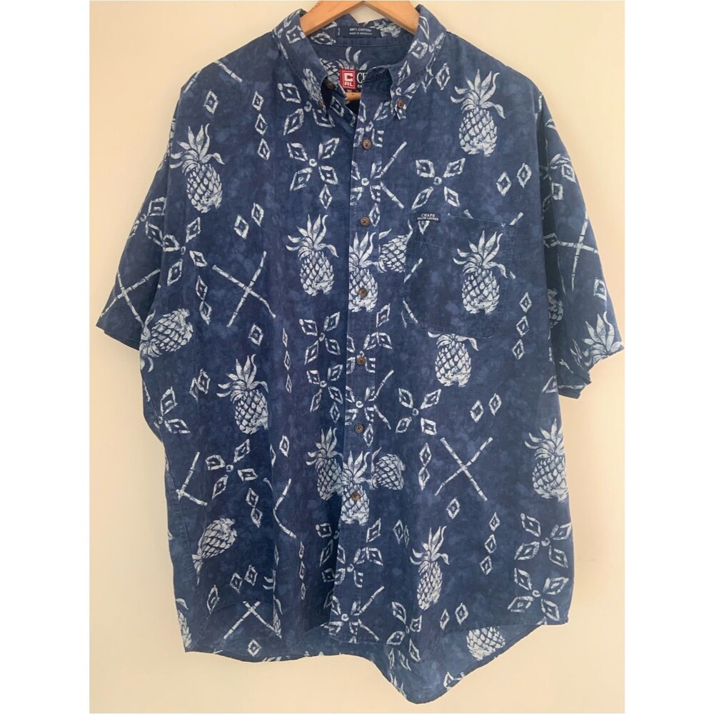 Ralph Lauren Chaps Navy Pineapple Short Sleeve Button-Down Camp Shirt Hawaii XL